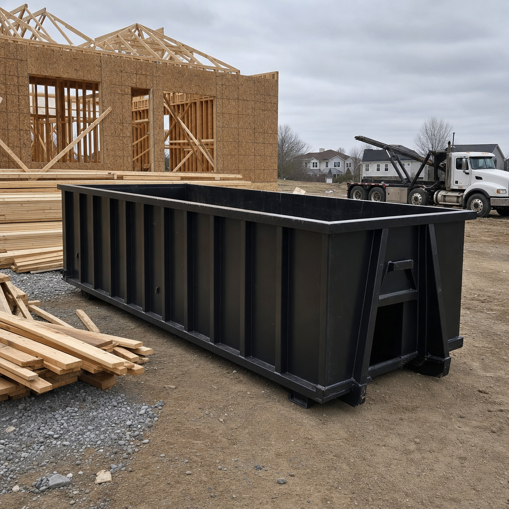 Matte-black 40-yard roll-off dumpster staged on a framed-out residential construction site in Fort Myers, framing lumber stacked nearby, hooklift delivery truck visible in the background under bright Colorado daylight