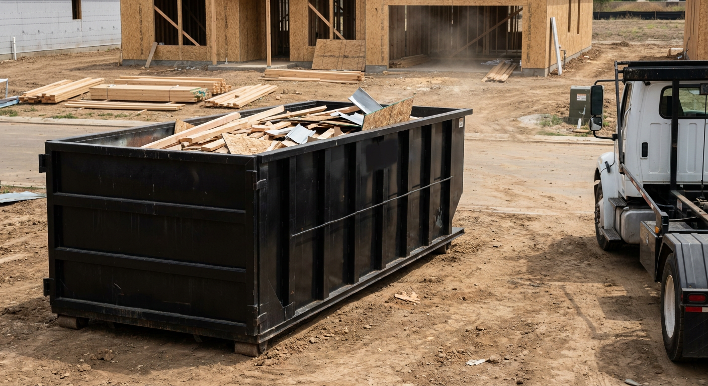 Matte-black 20-yard roll-off construction dumpster with heavy ribbed steel sidewalls and swing rear doors at a working jobsite in Fort Myers, sitting directly on compacted dirt with an unmarked white hauler partially visible at the far edge of the frame.