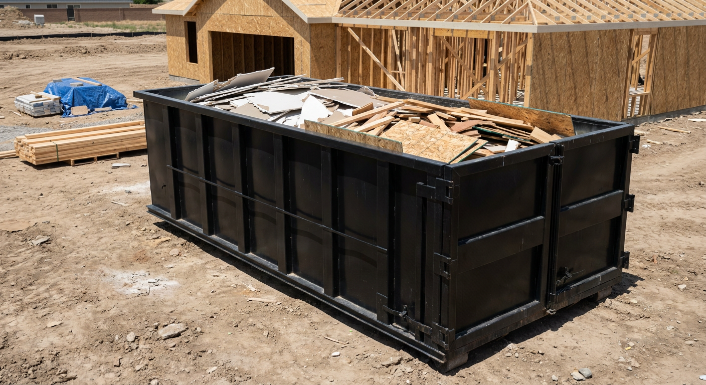 Matte-black 30-yard roll-off construction dumpster sitting directly on the compacted-dirt site of a framed single-family home build in Fort Myers, drywall and lumber scrap loaded inside.