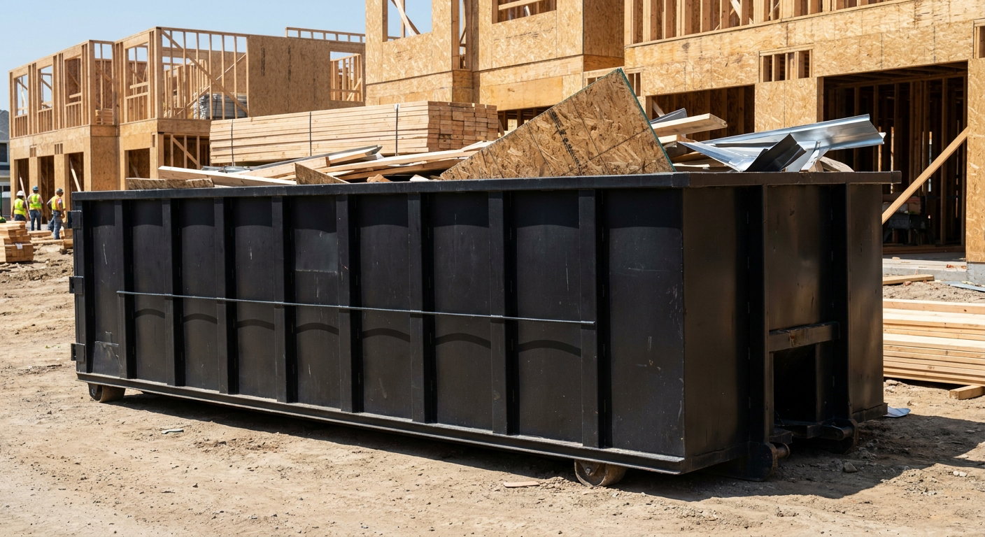 Matte-black 40-yard roll-off construction dumpster being lowered from a white-cab hooklift delivery truck onto the compacted-dirt jobsite at a commercial build site in Fort Myers
