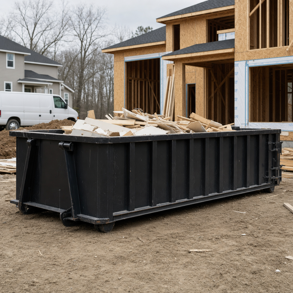Worker in a yellow high-visibility vest tossing framing lumber and broken drywall into a matte-black 30-yard construction roll-off dumpster on an active build site in Fort Myers, bright daylight
