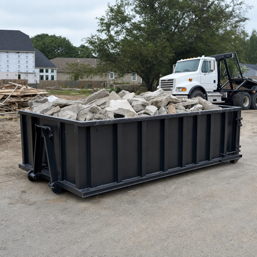Low-profile matte-black lowboy roll-off dumpster loaded with broken concrete slab and rebar at a foundation tear-out in Fort Myers, skid steer parked beside it, sunny Colorado morning