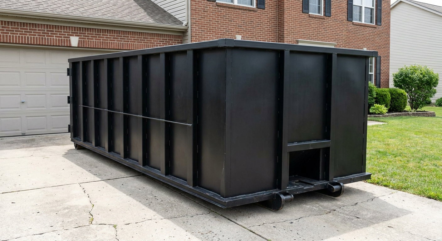 Matte-black 20-yard roll-off container on a Fort Myers residential concrete driveway with reinforced ribbed steel sidewalls and a hinged rear walk-in door, clean bright daylight.
