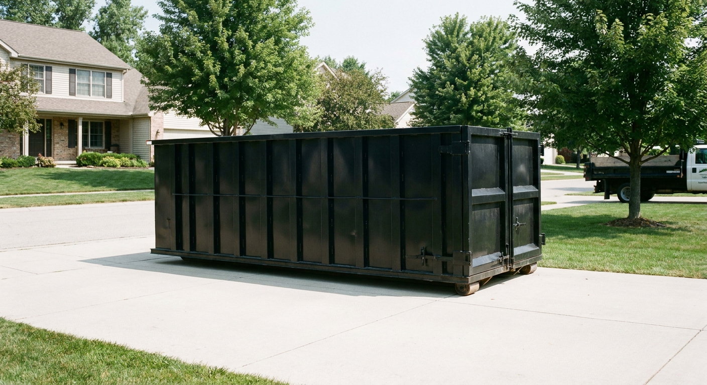 Matte-black 20-yard roll-off dumpster sitting level on a clean Fort Myers residential concrete driveway under bright daylight, demonstrating clean placement directly on the concrete.
