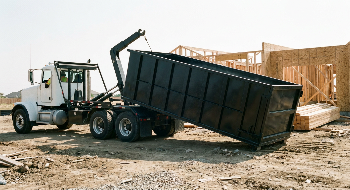 Matte-black roll-off dumpster being delivered onto a clean residential concrete driveway in Fort Myers by an unmarked white hooklift hauler truck, bright morning daylight, documentary 35mm perspective.