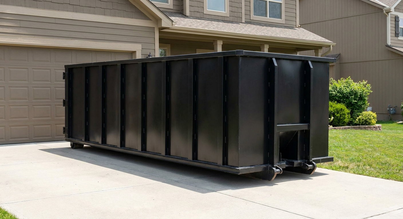 Matte-black residential roll-off dumpster sitting directly on a suburban Fort Myers concrete driveway, garage door closed, single-family home in background, bright morning daylight.