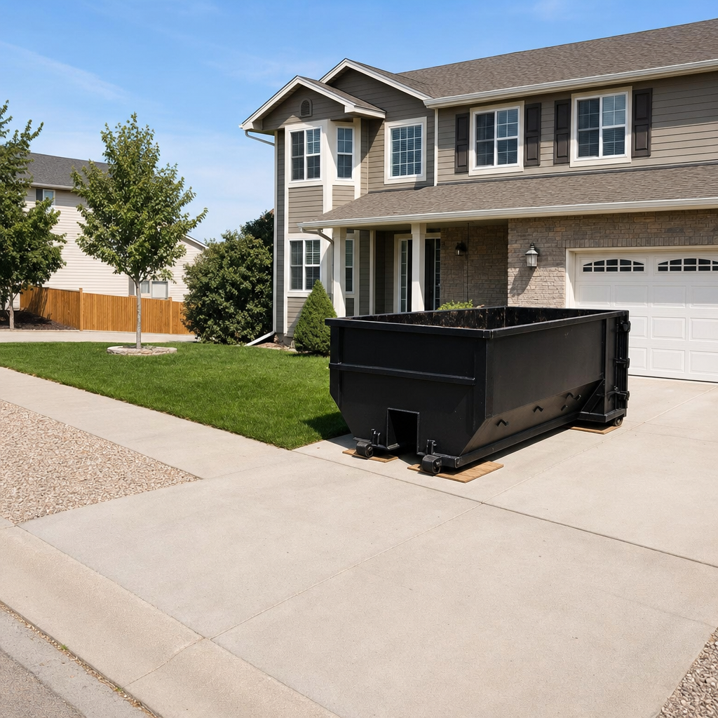 10-yard matte-black residential dumpster placed directly on a narrow Fort Myers concrete driveway, room remains for a parked sedan beside it, mid-morning natural light