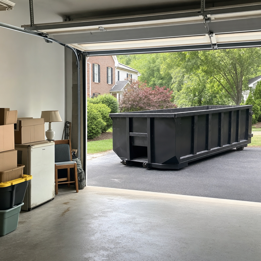 Open garage interior in a Fort Myers home mid-cleanout — boxed items, an old appliance, and stacked yard tools queued near the driveway for a matte-black roll-off dumpster, organized and calm