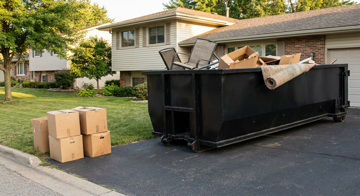 Front-yard view of a Fort Myers split-level home with a 20-yard matte-black roll-off dumpster sitting directly on the asphalt driveway, a few clearly labeled donation boxes staged at the curb, calm sunny afternoon.