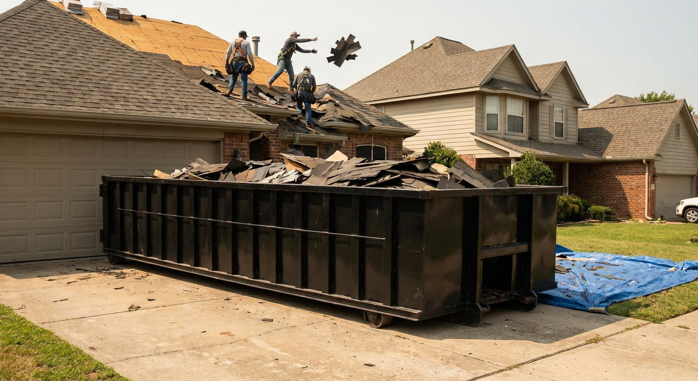 Matte-black roofing roll-off dumpster placed directly on a Fort Myers residential concrete driveway, a tear-off crew on a two-story asphalt-shingle roof tossing shingle bundles into the low-walled container, bright daylight, documentary 35mm perspective.