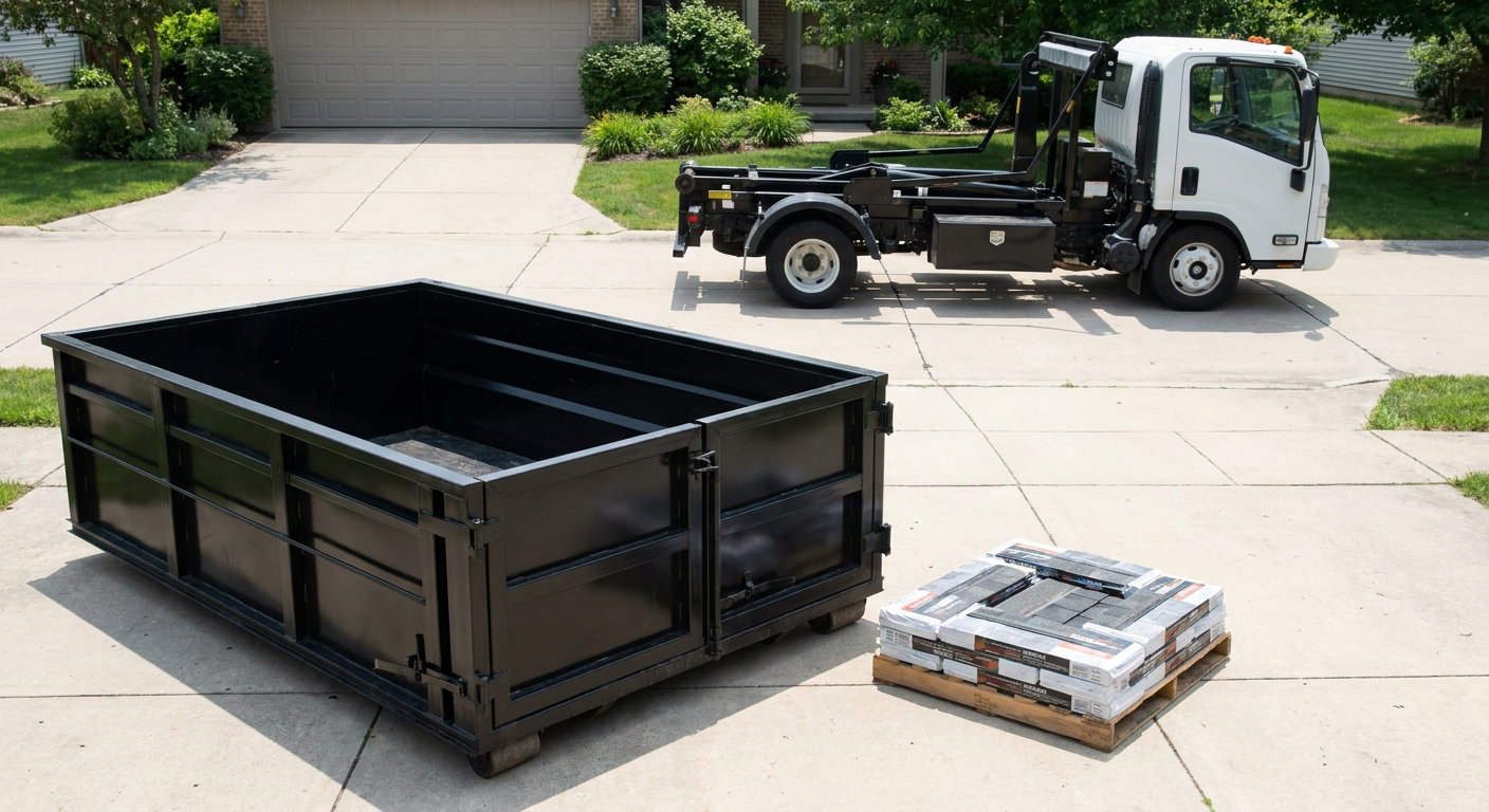 Matte-black 15-yard roofing roll-off dumpster with reinforced low side walls sitting directly on a Fort Myers residential concrete driveway, three-tab asphalt shingle bundles stacked nearby, an unmarked white hauler truck partially visible at the edge of the frame.