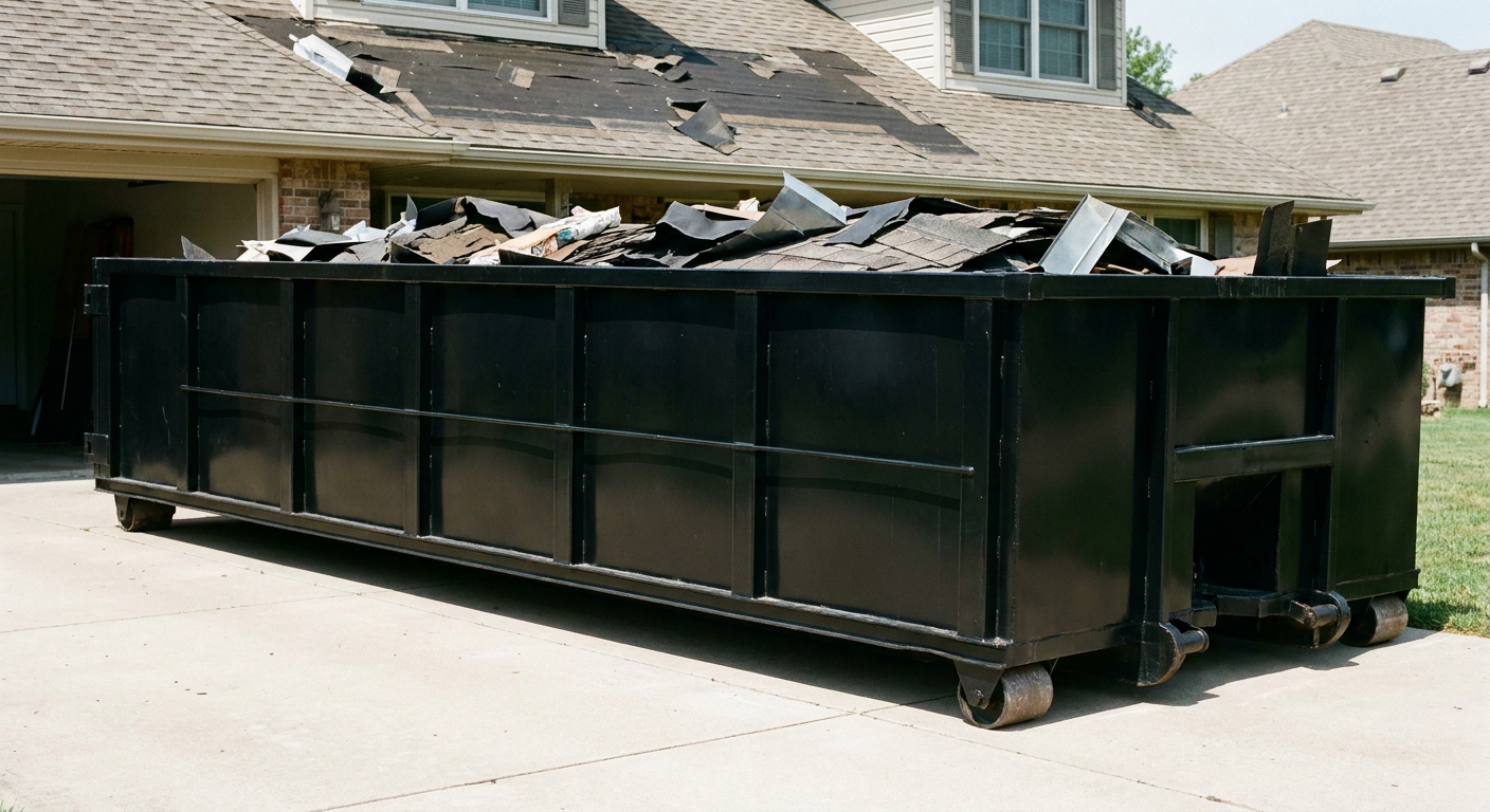 Matte-black 20-yard roofing roll-off dumpster with steel ribbed sides and swinging rear door, sitting directly on the concrete driveway of a two-story Fort Myers home, asphalt shingle debris being loaded over the low wall, clean documentary lighting.