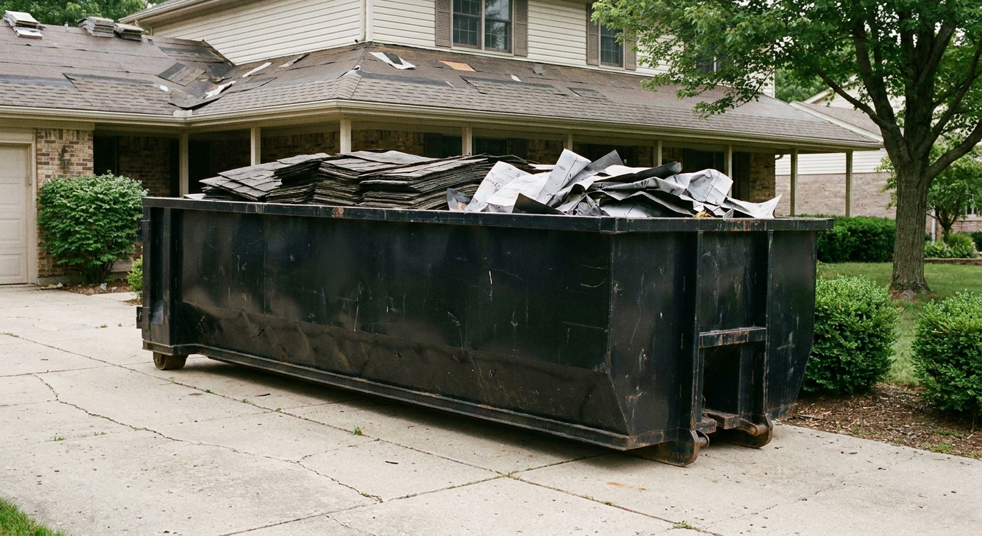 Matte-black 30-yard roofing roll-off dumpster sitting directly on a Fort Myers concrete driveway, taller ribbed steel side panels, mixed tear-off debris of asphalt shingles and underlayment inside, professional documentary daylight.