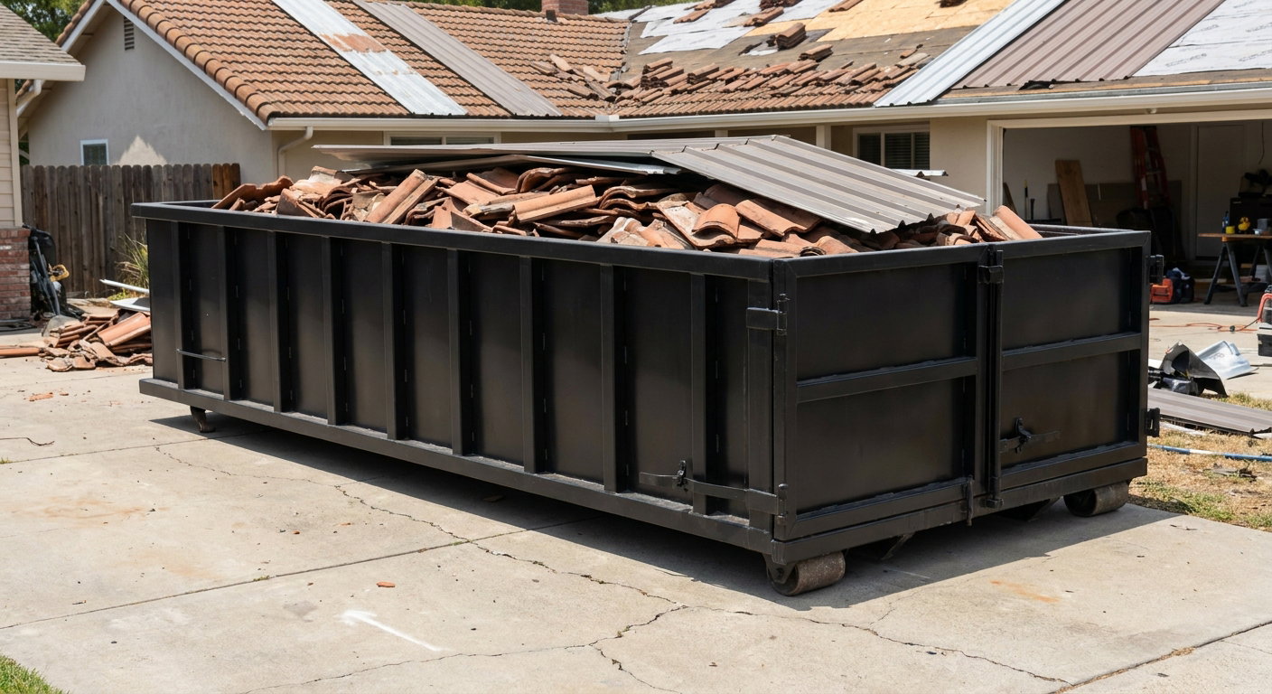 Matte-black low-wall heavy-debris roofing roll-off dumpster sitting directly on a Fort Myers concrete driveway, broken concrete clay roof tiles and metal panel sections loaded inside, reinforced ribbed steel side walls visible, bright outdoor daylight.
