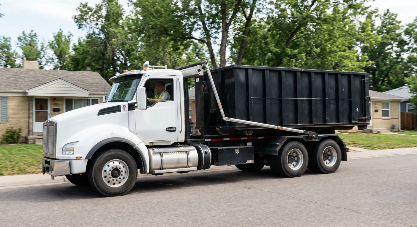 A wide documentary shot of a matte-black roll-off delivery truck pulling onto a quiet Fort Myers residential street at mid-morning, with neighborhood rooftops and tree-lined blocks visible behind, showing the metro coverage footprint.