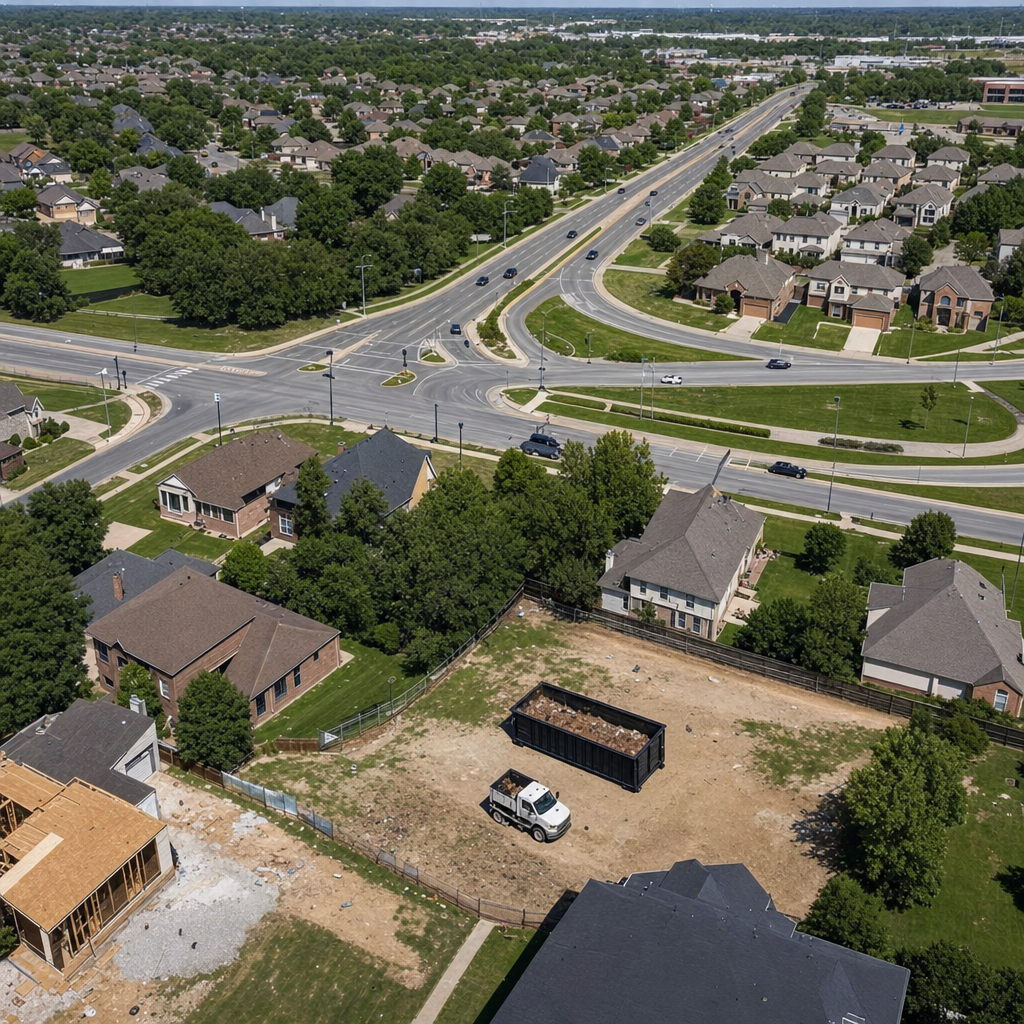 An overhead documentary view of the Fort Myers metro area at midday, showing the spread of neighborhoods, arterial roads, and the dispatch radius from a central yard — clean daylight, organized geographic layout.