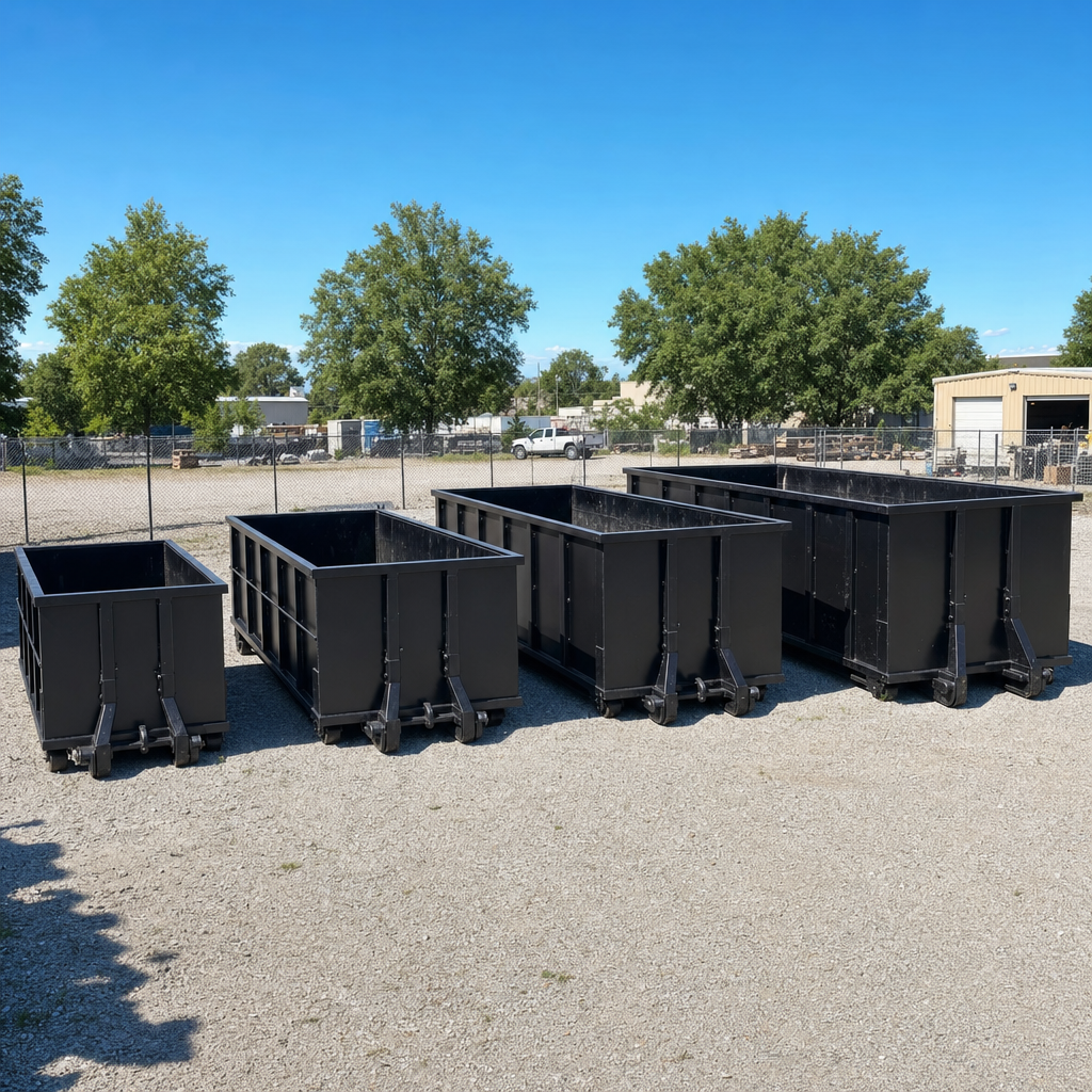 A clean lineup of matte-black roll-off dumpsters in 10, 20, 30, and 40-yard sizes staged on a sunlit gravel yard in Fort Myers, showing the size progression from compact to commercial-scale containers.