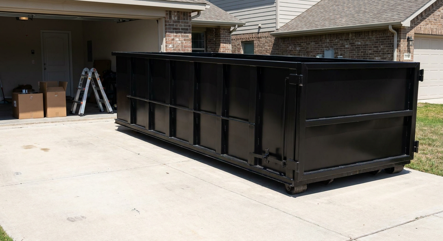 A matte-black 10-yard roll-off dumpster sitting directly on a residential Fort Myers concrete driveway, mid-day sunlight, clean and ready for a garage cleanout.