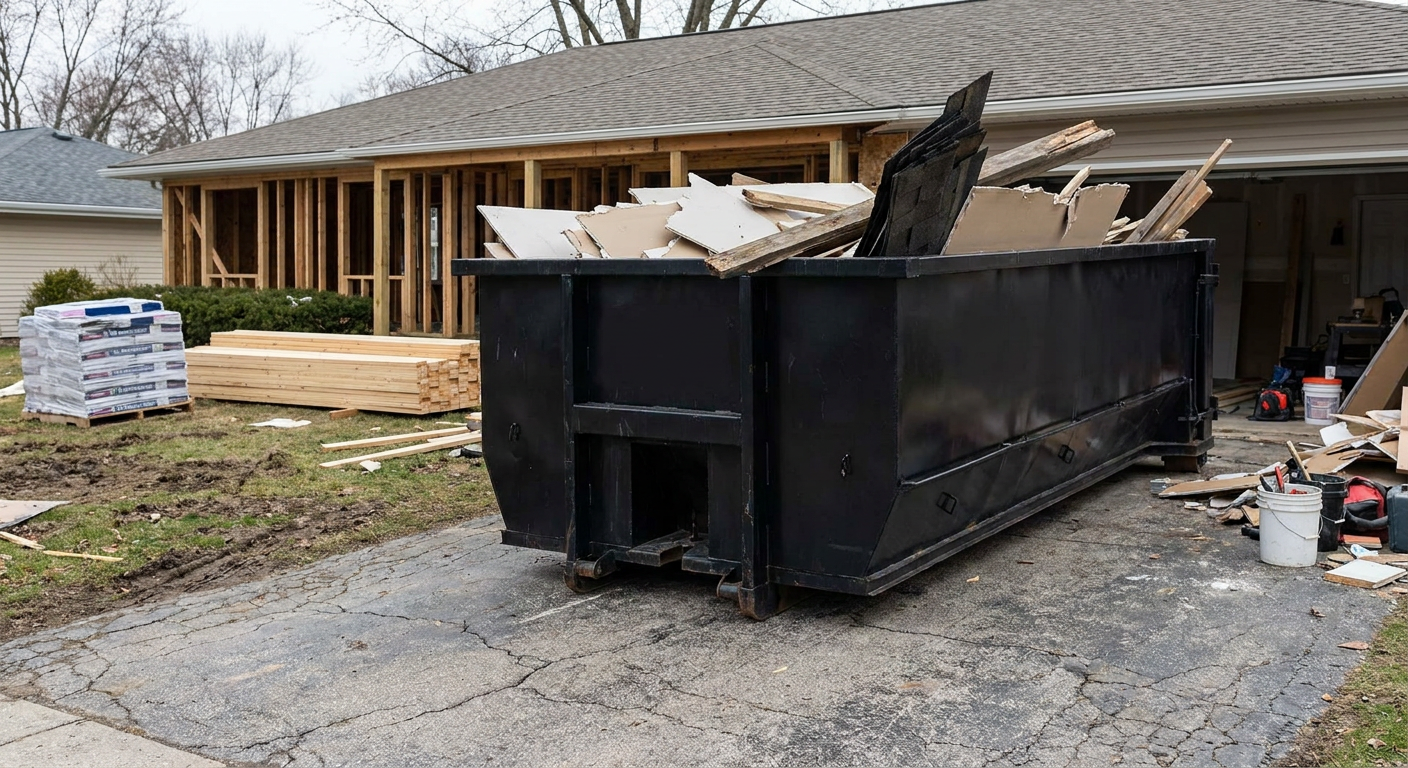 A matte-black 20-yard roll-off dumpster placed alongside a mid-renovation Fort Myers home directly on the asphalt driveway, with framing materials and torn-off shingles staged neatly nearby.