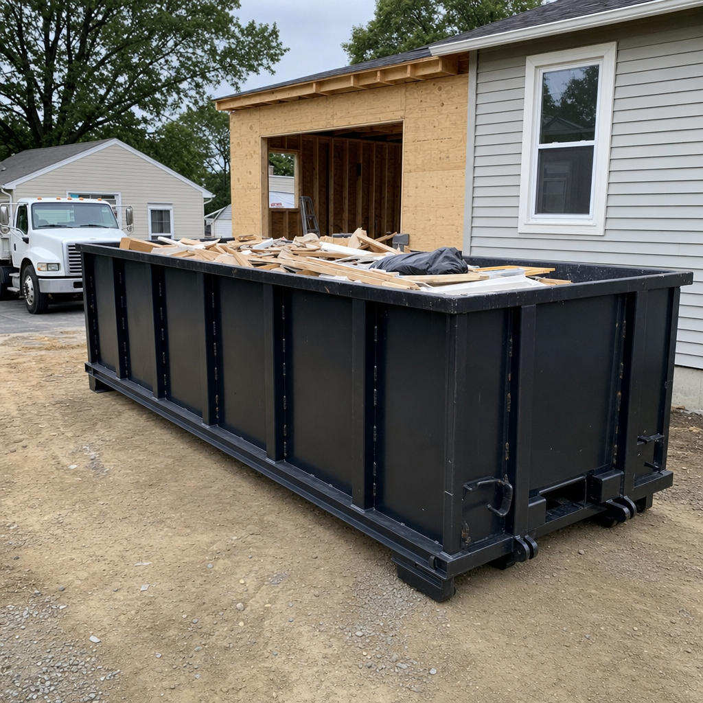 A matte-black 30-yard roll-off dumpster positioned at a Fort Myers residential addition jobsite, with framing lumber and drywall scraps loaded through the open swinging rear doors.