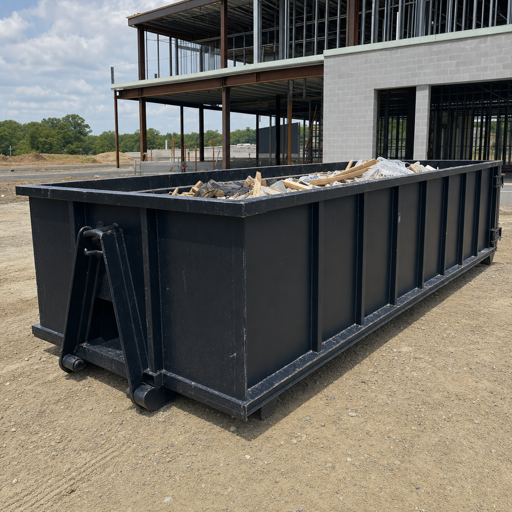A matte-black 40-yard roll-off dumpster staged on a large Fort Myers commercial construction lot, with a hooklift delivery truck parked alongside under bright midday sky.