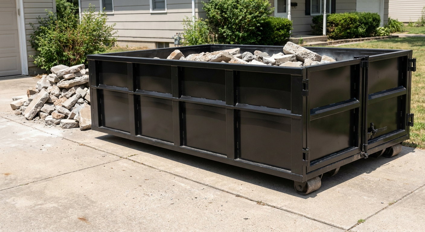 A matte-black low-side heavy-debris roll-off dumpster placed directly on a Fort Myers concrete driveway, with broken concrete chunks neatly stacked beside it under clean daylight.